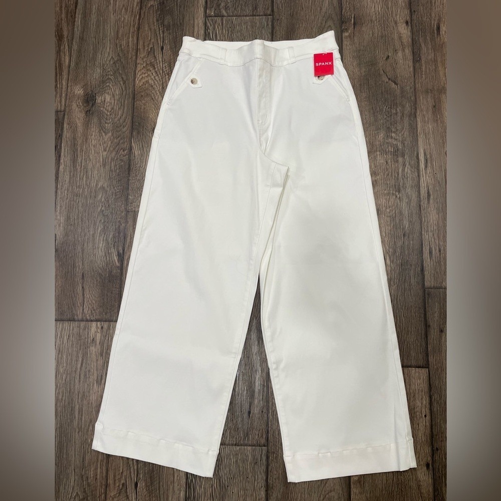 SPANX 20312R Stretch Twill Cropped Wide Leg White Khaki pull on Pants Sz XL NWT